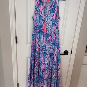 Lilly Pulitzer Blue Pink Tassel V-Neck Tiered Maxi Dress